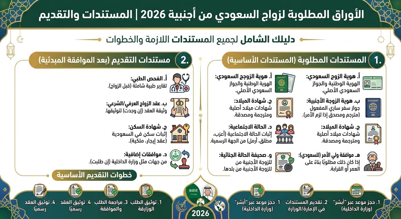 الأوراق المطلوبة لزواج السعودي من أجنبية 2026 | المستندات والتقديم