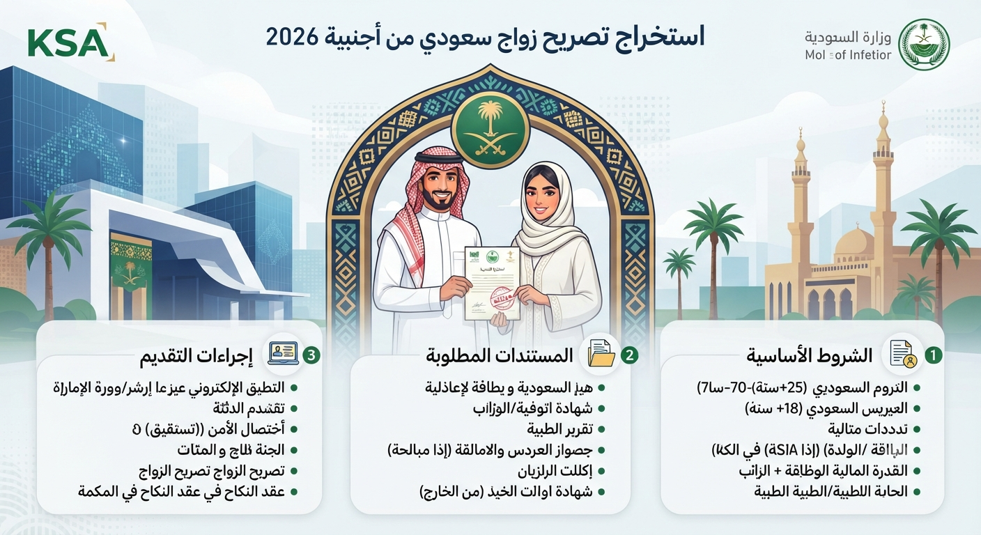 استخراج تصريح زواج سعودي من أجنبية 2026: الشروط والإجراءات والمستندات