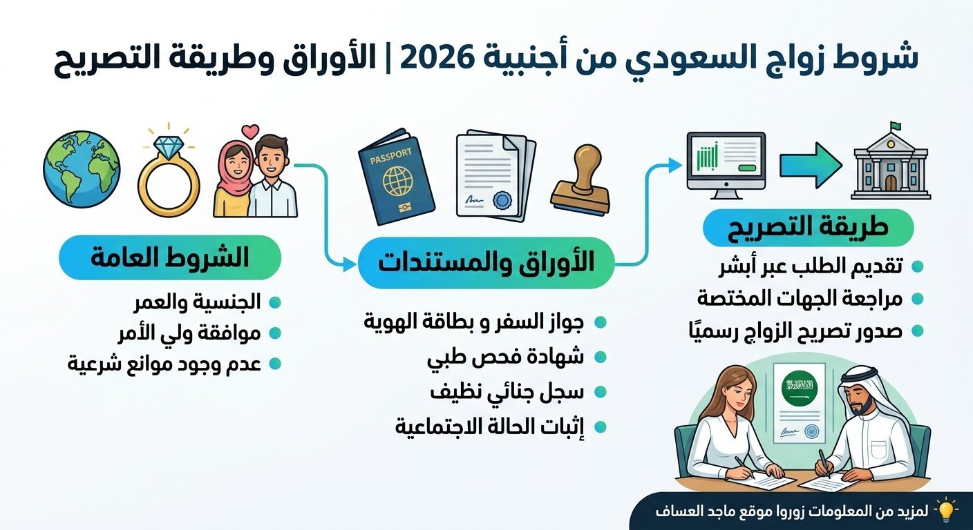 شروط زواج السعودي من أجنبية 2026 | الأوراق وطريقة التصريح