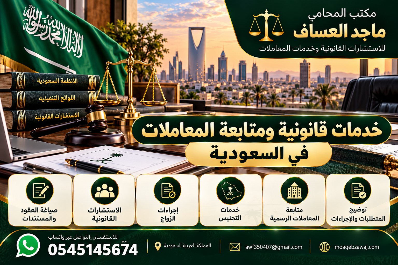 مكتب المحامي ماجد العساف: معلومات حول الخدمات القانونية وإجراءات الزواج ومتابعة المعاملات في السعودية، مع توضيح المستندات والخطوات اللازمة حسب كل حالة.